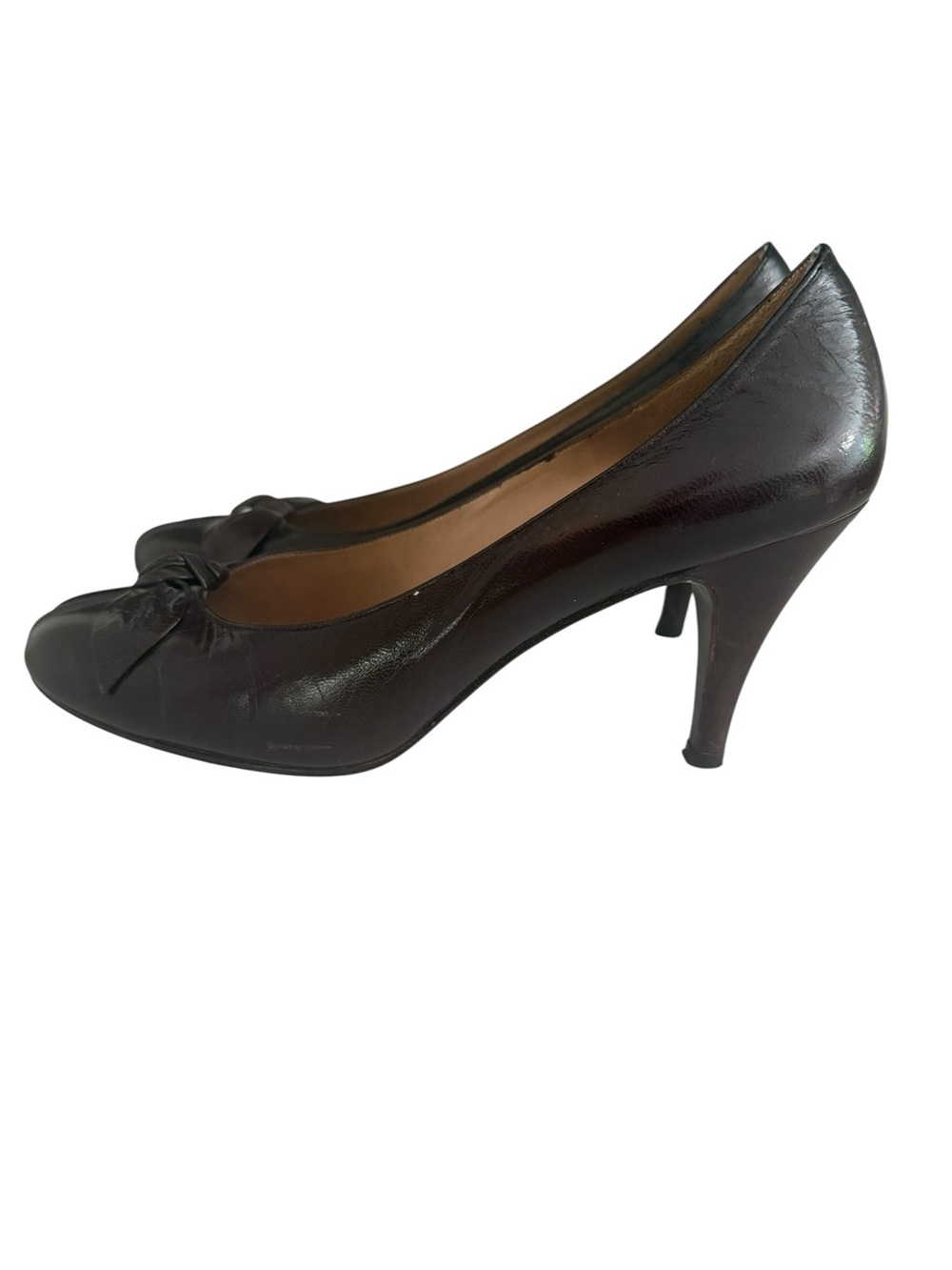Pappagallo Brown Pumps Heels 3.5" Peep Toe Bow Size 7.5 Leather Vintage